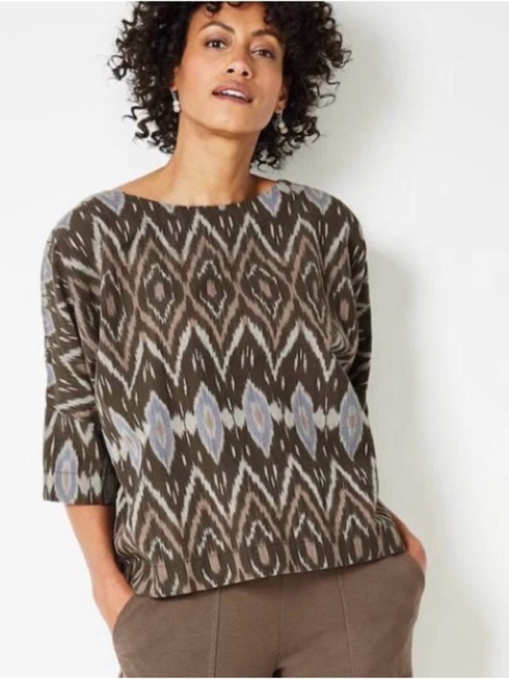 Pure Jill by J Jill Large Ikat 100% Cotton Short Sleeve Boxy Blouse Top